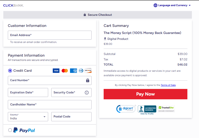 The Money Script secure checkout page